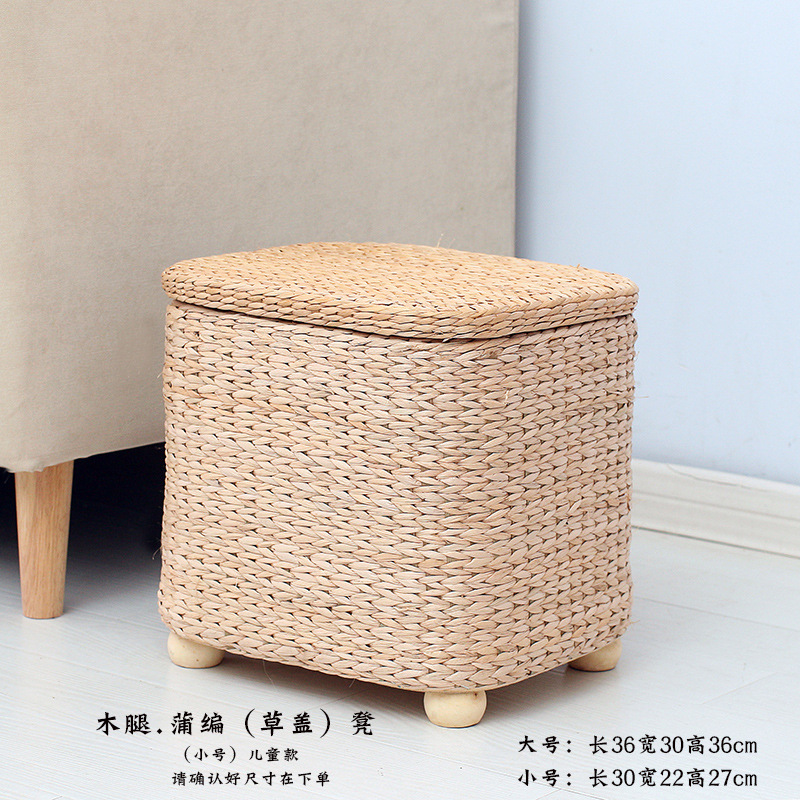 Taburete de almacenamiento de madera maciza tejido de paja Taburete de almacenamiento Taburete de cambio de zapatos tejido de ratán Taburete de maquillaje de sofá puede sentarse personas organizando caja de almacenamiento