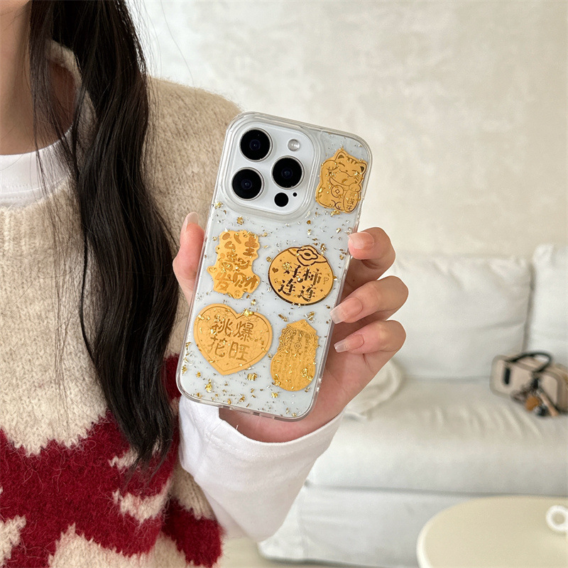El epoxi transparente estilo ins Lucky Jinbao es adecuado para Apple 16proma festivo iPhone14/15 funda para teléfono móvil 13p