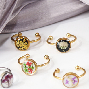 Foreign Trade Popular Cross-Border New Natural Dried Flower Ring Forget-Me-Not Stainless Steel Gold-Plated Ring Export Factory Direct Sale