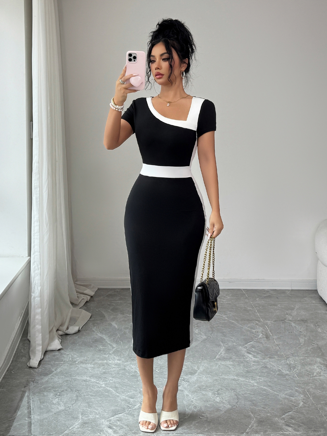 Women's Elegant Sophisticated Dress Slanted Neck Color Block Design Spring Summer Both Style And Comfort_ecoleips.com