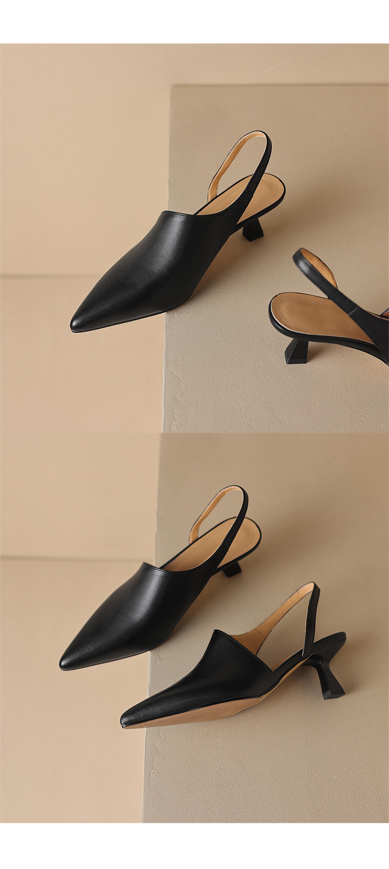 Giày sandal cao gót nữ mũi nhọn kiểu Pháp, da bò thật, gót mèo, hở mũi hở lưng — đen chi tiết 14