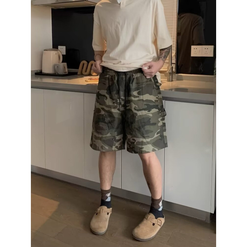 美式复古迷彩短裤男夏季潮牌直筒工装中裤宽松海边度假穿搭五分裤