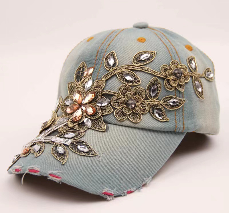 Comercio exterior sombrero de vaquero diamante hecho a mano gorra de béisbol industria pesada oro seda flor sombrero moda rhinestone sombrero fábrica al por mayor
