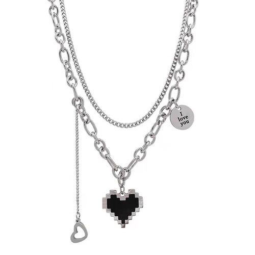Titanium steel black mosaic pixel love heart pendant double layer stacked necklace ins cold style hip hop trendy necklace