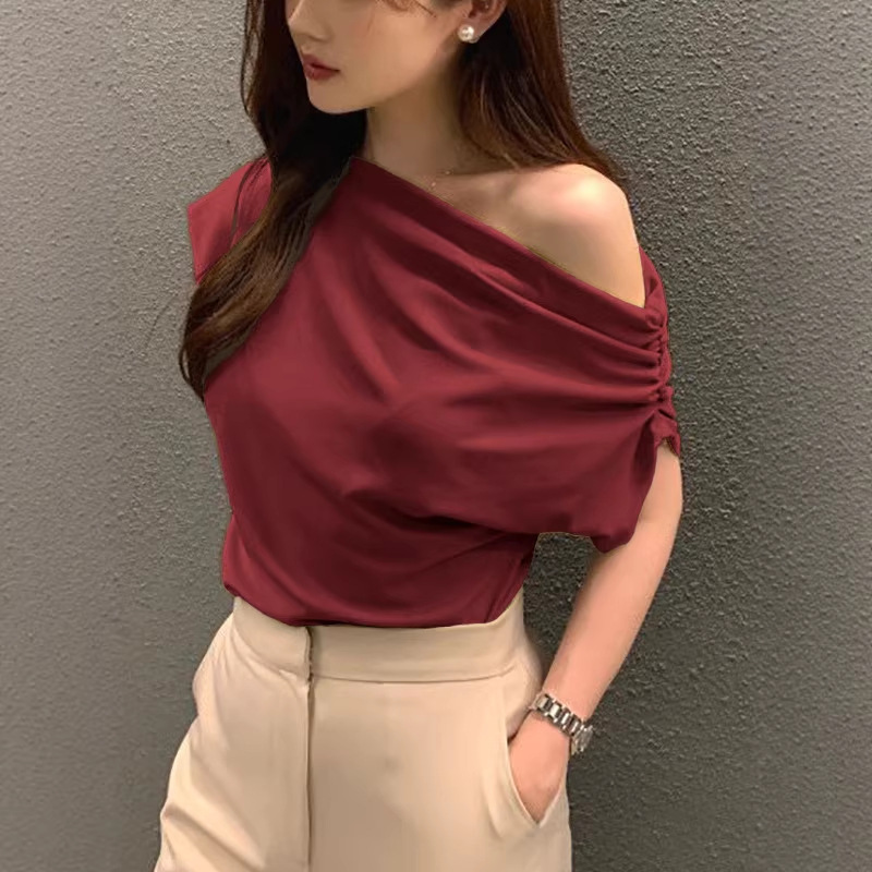 Summer New Niche Irregular Slanted Shoulder Design Loose Solid Color Pullover Short-sleeved T-shirt_ecoleips.com