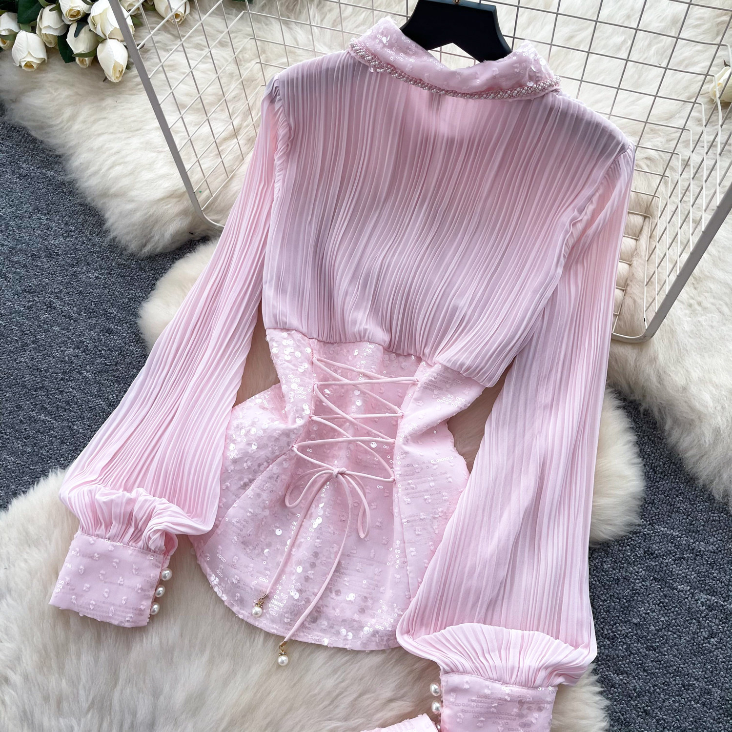 Women's French Style Sequined Mesh Pleated Two Piece Set With Fitted Waist Elegant Sophisticated Look For Spring Autumn_ecoleips.com