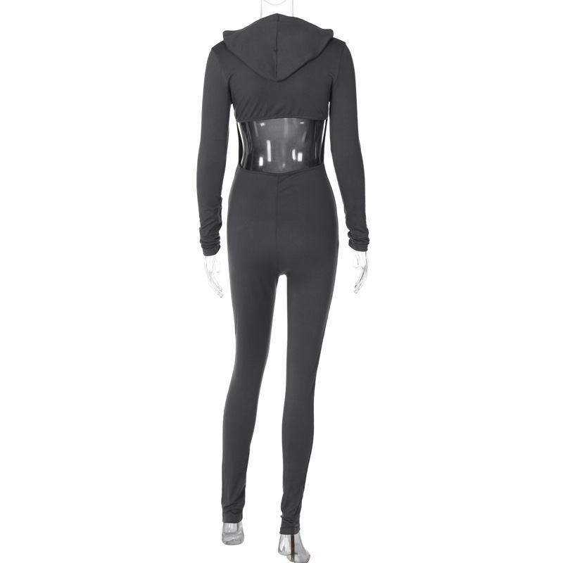 Women Clothing Winter Solid Color Long Sleeve Hooded Backless Slim Fit Sports Jumpsuit Women