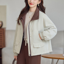时尚拼色宽松短款夹棉外套女2025冬季新款小个子休闲无帽棉衣棉服