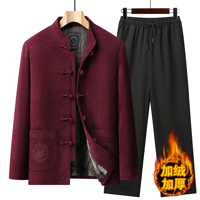 中国风唐装中老年冬季套装爸爸装爷爷装喜庆中式盘扣大气纯色刺绣