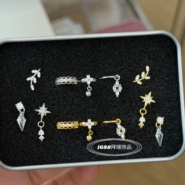 Super Shiny Zircon Micro-Inlaid Cross-Border Star-Shaped Leaf Multi-Piercing Stackable Ear Jewelry Earbone Studs and Hoop Earrings