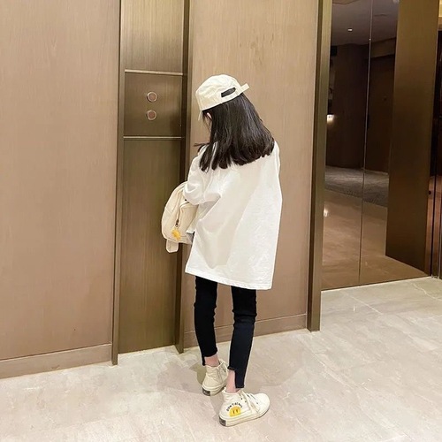 Girls spring long-sleeved T-shirt 2024 new children's pure white slit bottoming shirt tops for older children