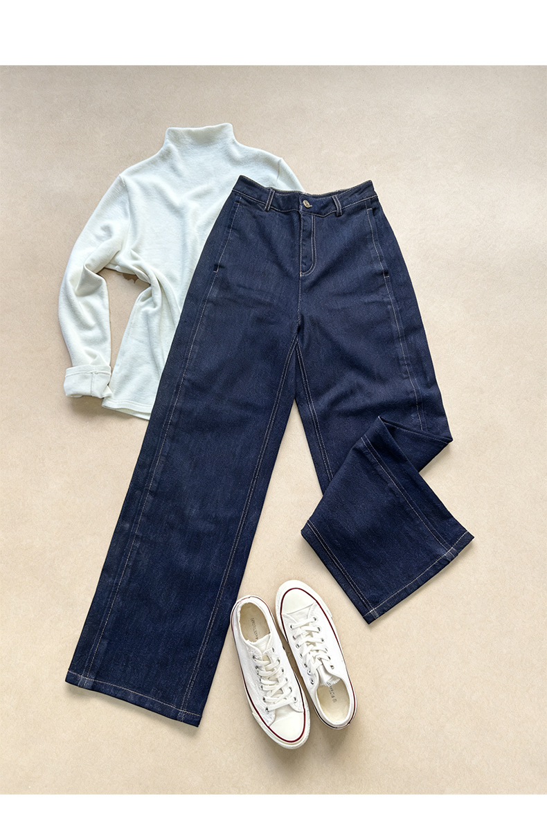 Quần jean ống rộng Xinge denim xanh chống phai màu, lưng cao, dáng suông dài đến sàn — màu xanh denim chi tiết 9