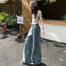 春夏休闲美式宽松做旧破洞阔腿复古做旧灼烧牛仔裤女重工多道水洗