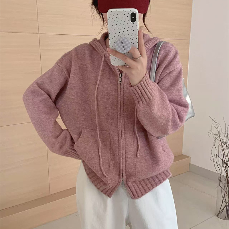 2025秋冬新款宽松显瘦纯色休闲风针织开衫抽绳连帽百搭毛衣女外套|undefined