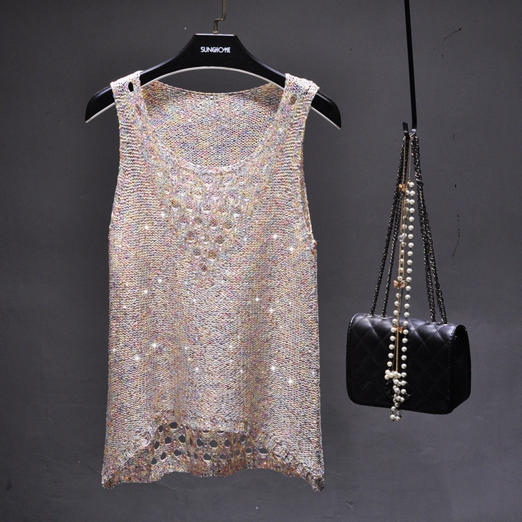 Summer New Beaded Sparkling Sequins Hollow Thin Sleeveless Sweater Front Short Back Long Vest T-shirt Top Women