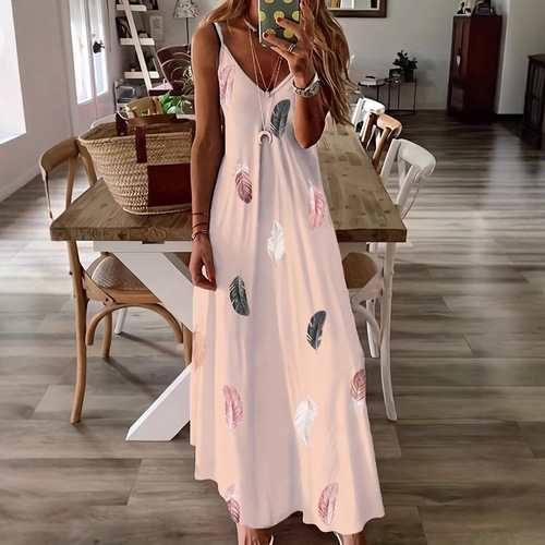 European and American Spring/Summer Sleeveless Slim-Fit Feather-Print Low-Cut V-Neck Strap Maxi Dress for Women