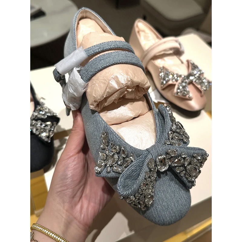 ルースと同じスタイルのラインストーンデニムリボンシューズ女性用 2025 新しいフレンチバレエフラットシューズメリージェーンシューズ|undefined