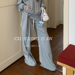 CXI 休闲拼接卫裤女显瘦拖地直筒运动裤修身直筒裤小个子宽松裤子