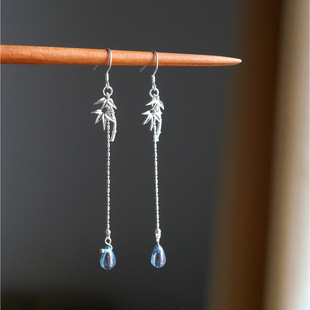 Jianghu night rain. Original Design Bamboo Branch Raindrop Earrings s925 Silver Ear Hook Bamboo Cool Ear Clip Chinese Style