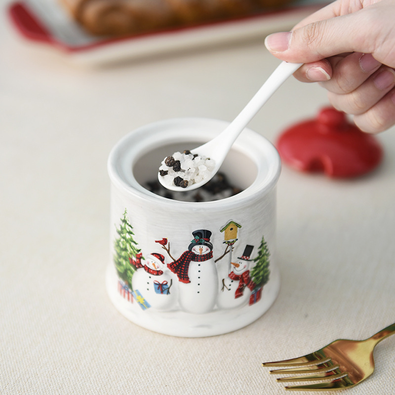 Tarro de condimento de cerámica de muñeco de nieve de Navidad de Nordic Country Tarro de condimento multifuncional Tarro de azúcar de cocina Tarro de sal con vajilla de cuchara