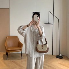 新品文艺慵懒风宽松休闲长袖花边V领亚麻衬衫外套女