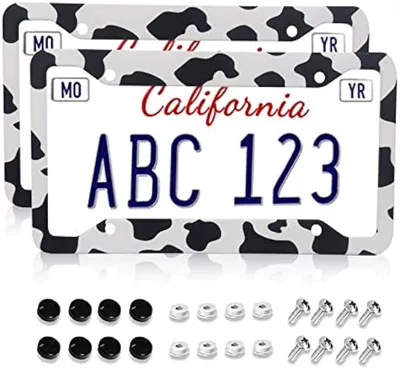 Cross-border cow license plate frame black and white spot UV printing license plate frame American license plate frame American standard aluminum alloy license plate (License plate holder/license plate holder) - cow-round-hole-set-with-accessories