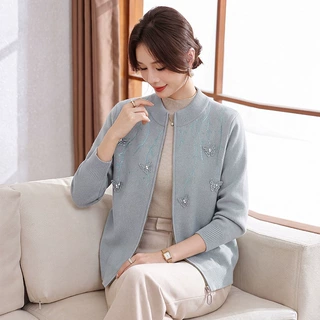 【100%羊毛】妈妈毛衣上衣开衫中老年女装厚款秋冬奶奶羊毛衫外套