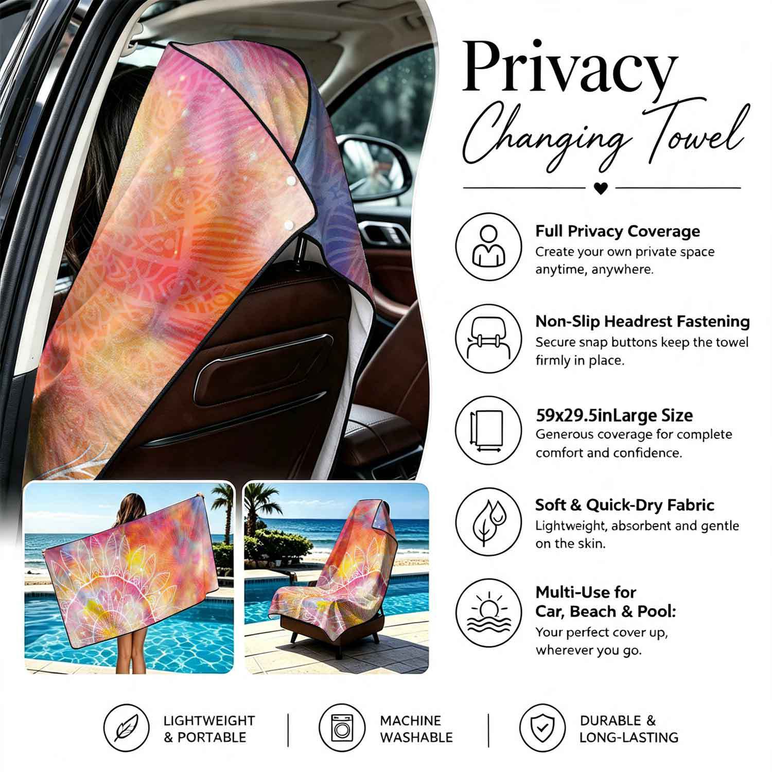 Printed bath towel and car seat cover 2-in-1, ultra-fine fiber outdoor beach and car dual-use universal seat cushion