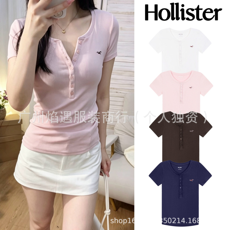 In-Stock Korean Hollister Little Seagull Henley Collar Embroidered Slim-Fit Short-Sleeve T-Shirt for Women, Slimming Regular Shoulder Top Trendy