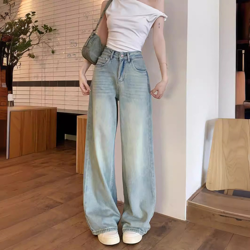 light blue Washed Wide-leg Jeans Women's Summer High-waist Loose All-match Dipped Casual Straight Pants