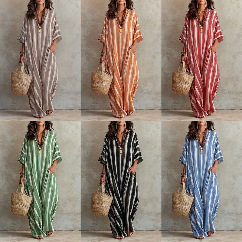 2026 Cross-Border Women's Fashion Hit: Striped Loose Dress with Pleats, Casual Vacation Long Dress with Pockets, Beach Dress