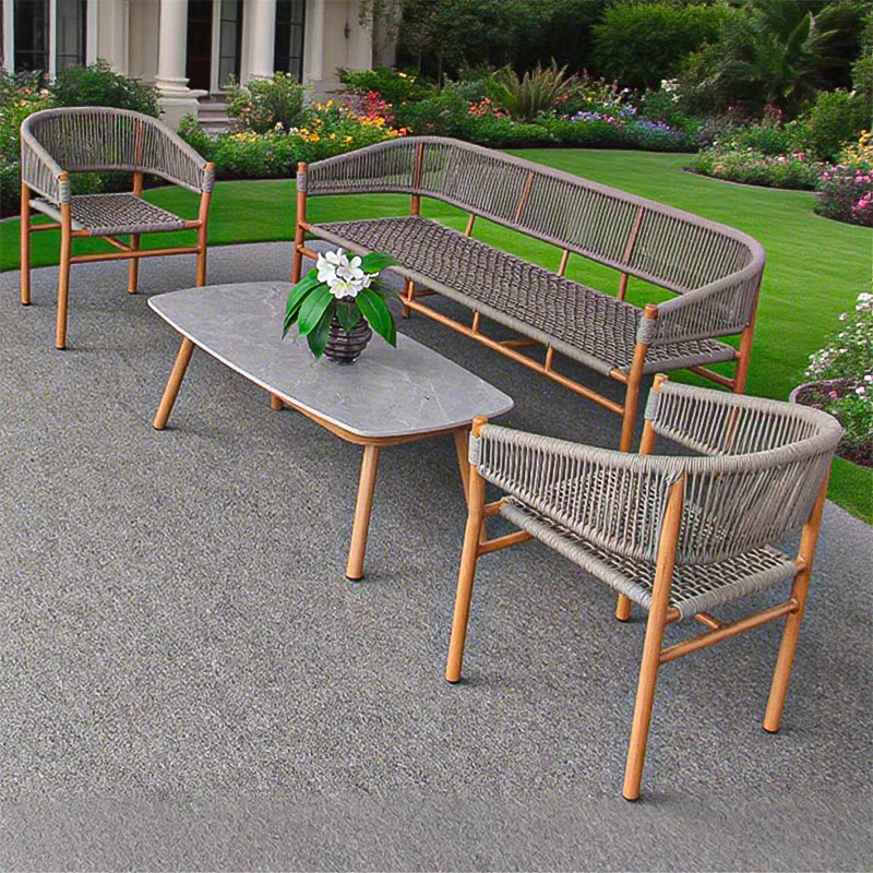 Sofá al aire libre silla de caña de ocio jardín al aire libre patio nórdico madera maciza tela de caña balcón al aire libre combinación cómodo impermeable