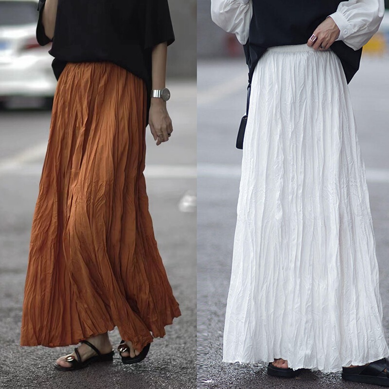 Textured Pleated Skirt for Women 2025 Spring and Summer New Style Large Swing Floor-Length Skirt Simple Lazy Draped Pleated Skirt