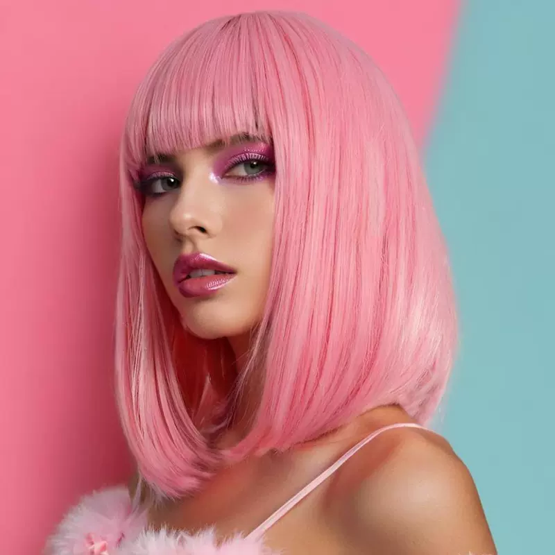 欧美跨境假发女粉色齐刘海短发波波头化纤机制短直发头套工厂批发