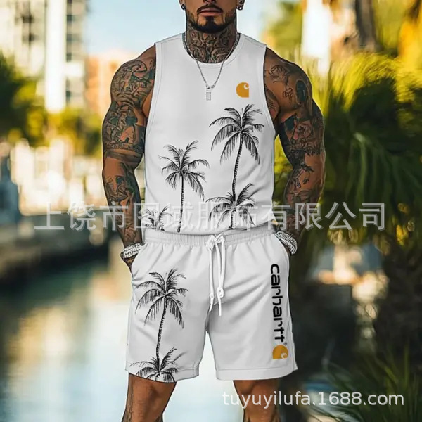European and American Summer New Amazon Aliexpress Men's Clothing Carhartt Men's Vest Printed Casual Short-Sleeved Suit