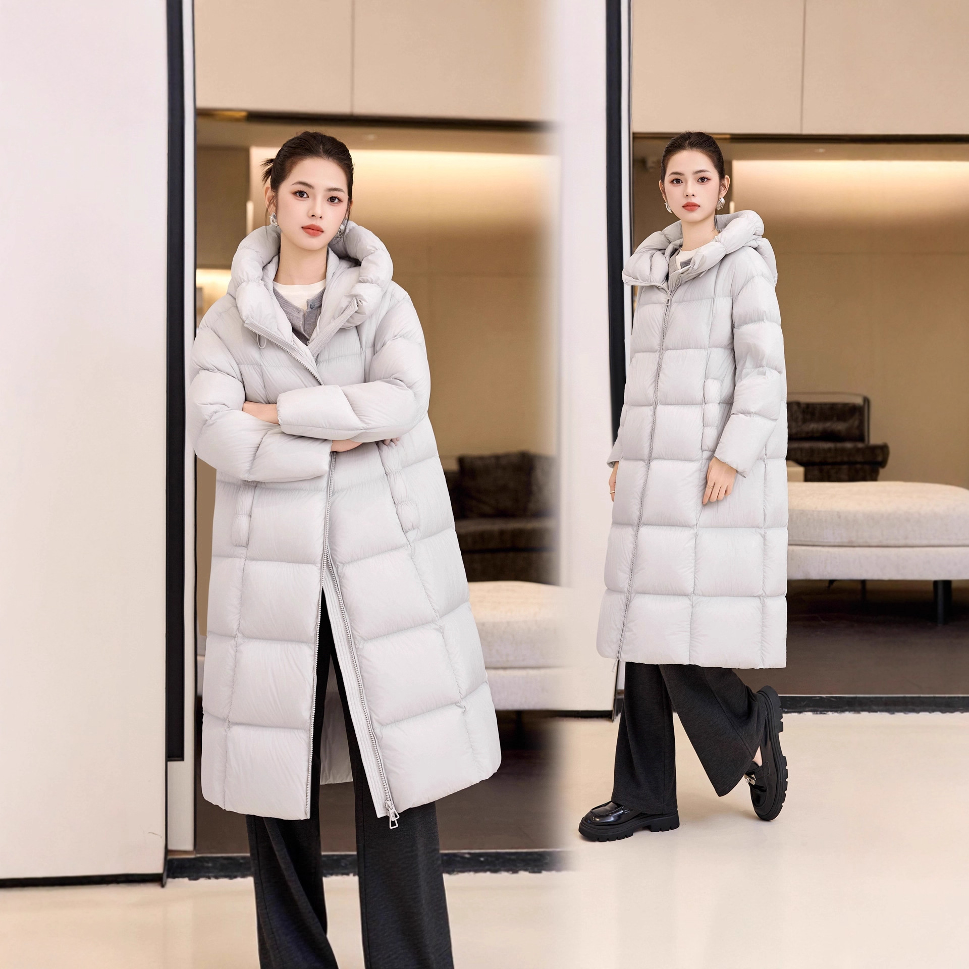【90 White Duck Down】Fashion Long down Jacket Slimming Hooded Over-The-Knee Solid Color Fashion Simple Thick Women's Coat
