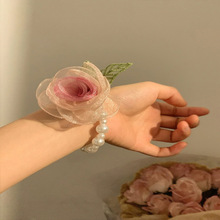 可以当手链~渐变干枯玫瑰珍珠发圈女森系仙美网纱头绳发饰高级感