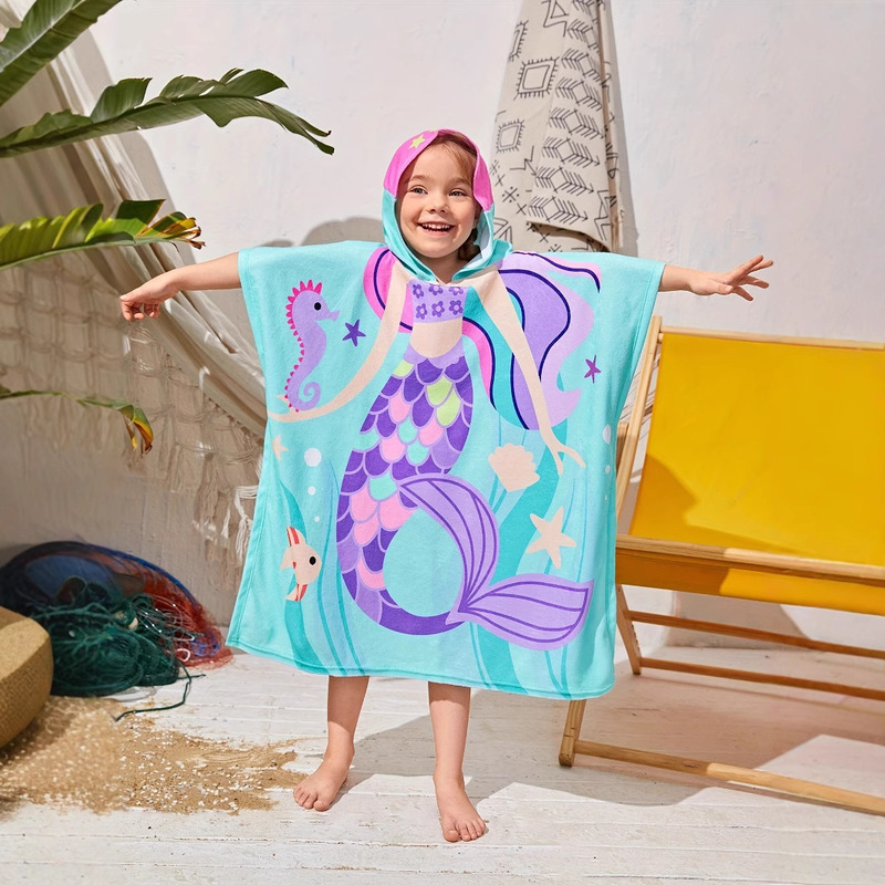 Children's Bathrobe in stock Amazon Mermaid Cartoon Wearing Bath Bath Towel Buckle Exlonged Hooded Beach Poncho