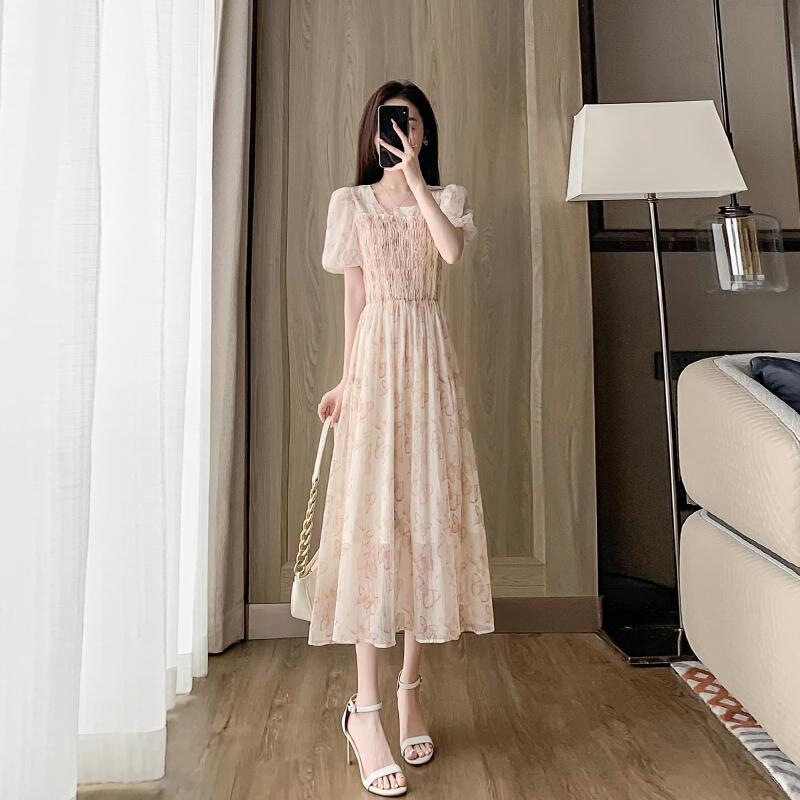 Children's French-Style Princess Dress, Summer Chiffon Floral Dress, Fairy Square Collar, Puff Sleeves, New Tea Break Style