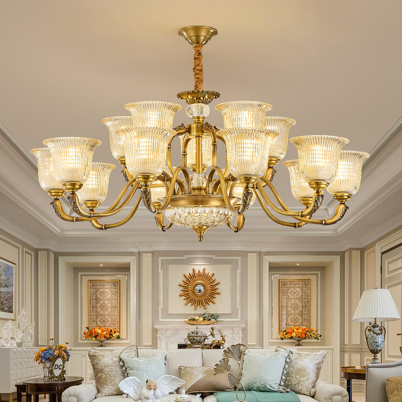All-Copper Chandelier American Retro Elegant Light Luxury Simple French Villa Duplex Floor Lamp Hall Bedroom Dining Room Chandelier