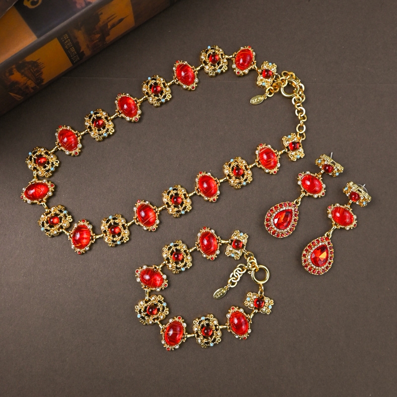 中古ヴィンテージアクセサリー銅メッキ真金緑瑠璃透かし彫りダイヤモンドネックレスブレスレット耳飾りセットレトロ|undefined