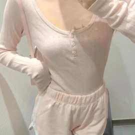 BM风美式复古纯欲风粉色长袖镂空针织T恤女春夏季bm上衣zelly top