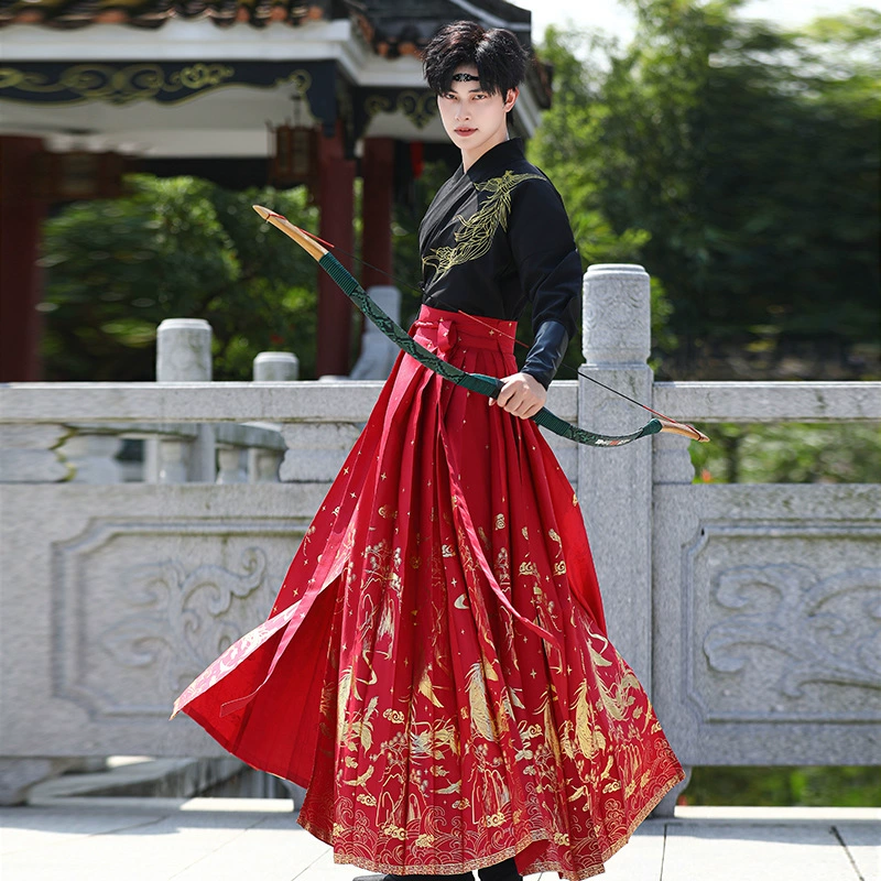 Новый оригинальный мужской китайский стиль элементы вышивки воротник с длинным рукавом, позолотой, юбка с конским лицом, красный набор боевых искусств, стиль cp