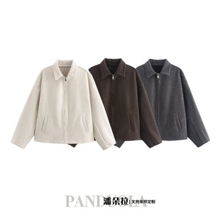 Cross-border European and American Women's 2024 Autumn and Winter New Three-color Profile Zipper Woolen Jacket Jacket