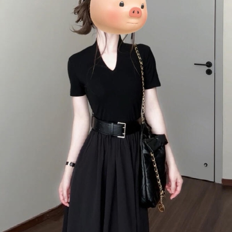法式赫本风黑色连衣裙子女夏季2025新收腰显瘦气质感长裙其他拼接|undefined