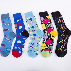 新品跨境休閒歐美男士大碼彩色快樂襪子花朵創意系列襪子批發