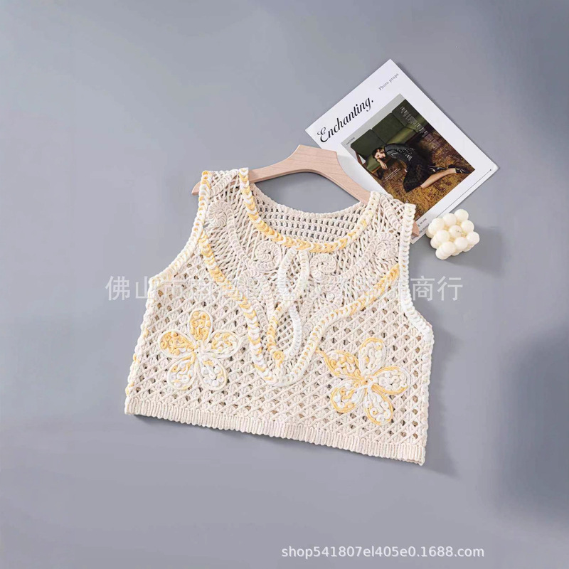 Retro Cut Out Knitted Camisole Women's Summer Sweet Sexy Short Sleeveless Vest Blouse Top Outer Wear