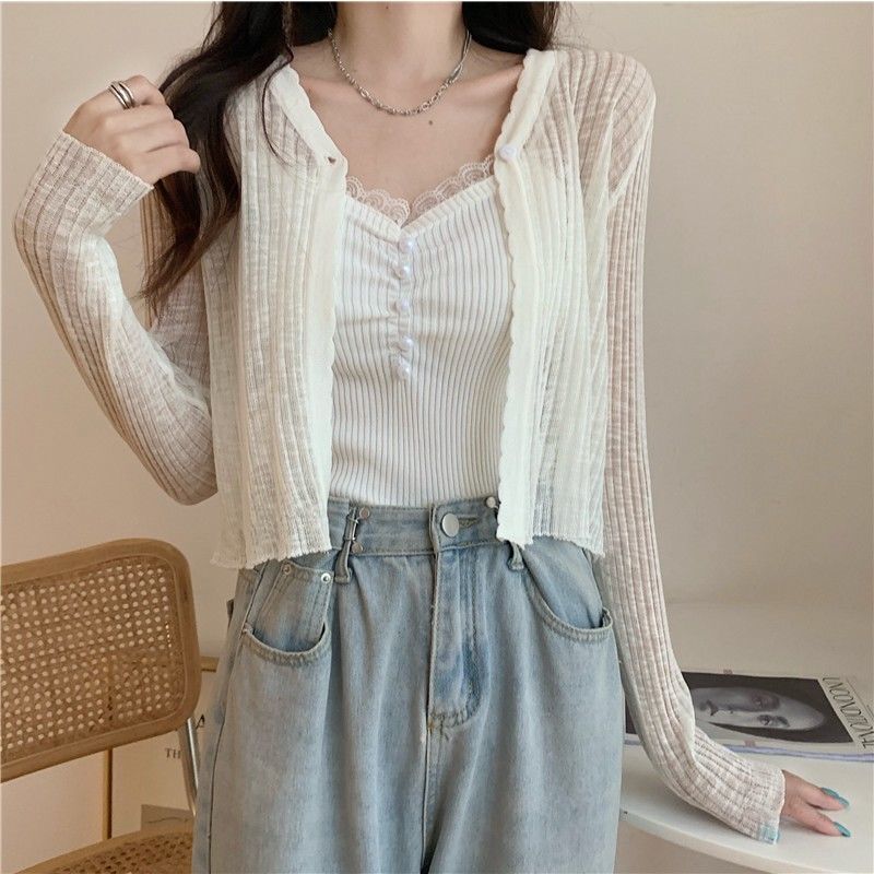 Short V-neck knitted cardigan for women 2023 spring new shawl outer matching skirt Ice Silk sun protection coat