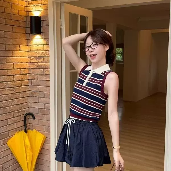 学院风冰丝无袖条纹针织polo衫新款韩系短款上衣气质女装夏高级感