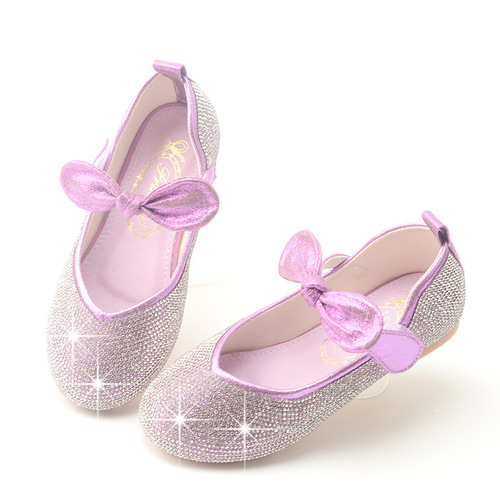 Korean style girls' leather shoes, princess shoes, Frozen shoes, children's pink shoes, sequined Velcro flat shoes for women